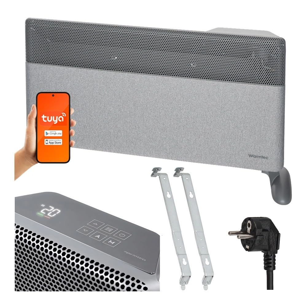 WARMTEC Termoconvettore Elettrico Basso Consumo 2000W Inverter - Stufa Smart WiFi con App, Termostato e Timer - Pannello Frontale in Tessuto, Montaggio a Parete o Portatile, IP24 - Grigio