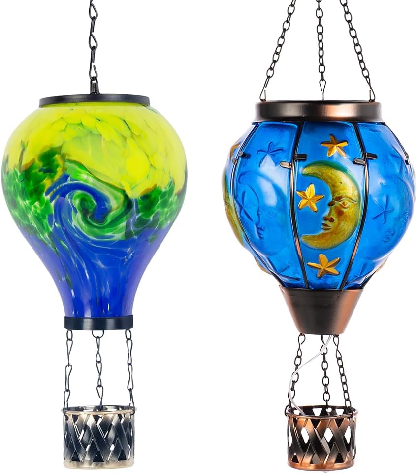 Tie-Dye Solar Hot Air Balloon Outdoor Lantern with Flickering Flame, Moon Pattern Glass Hanging Outdoor Lantern Waterproof Decorative Lantern Lamp for Patio, Garden, Porch