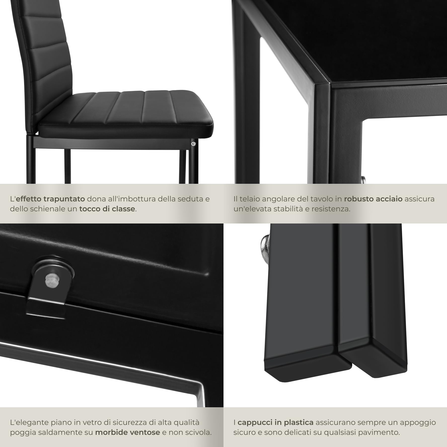 tectake® Set di Mobili per Sala da Pranzo, 6 Sedie in Similpelle Resistente, Tavolo con Piano in Vetro, Design Moderno, Piedini SalvaPavimento, Ideale per Cucina e Soggiorno - Nero/Nero