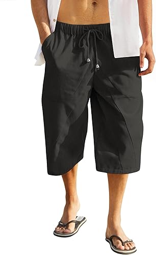 COOFANDY Pantalones capri harén de lino para hombre, casuales, ligeros, con cordón, pantalones de yoga, holgados, 34, pantalones de playa