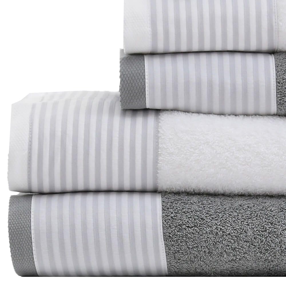Juego de Toallas 6 Piezas – 100% Algodón 450 gr/m² – Estampado Rayas Gris y Blanco – Alta Absorción y Suavidad – Set de Baño Completo (2 de Baño, 2 de Lavabo, 2 de Bidé) - 548