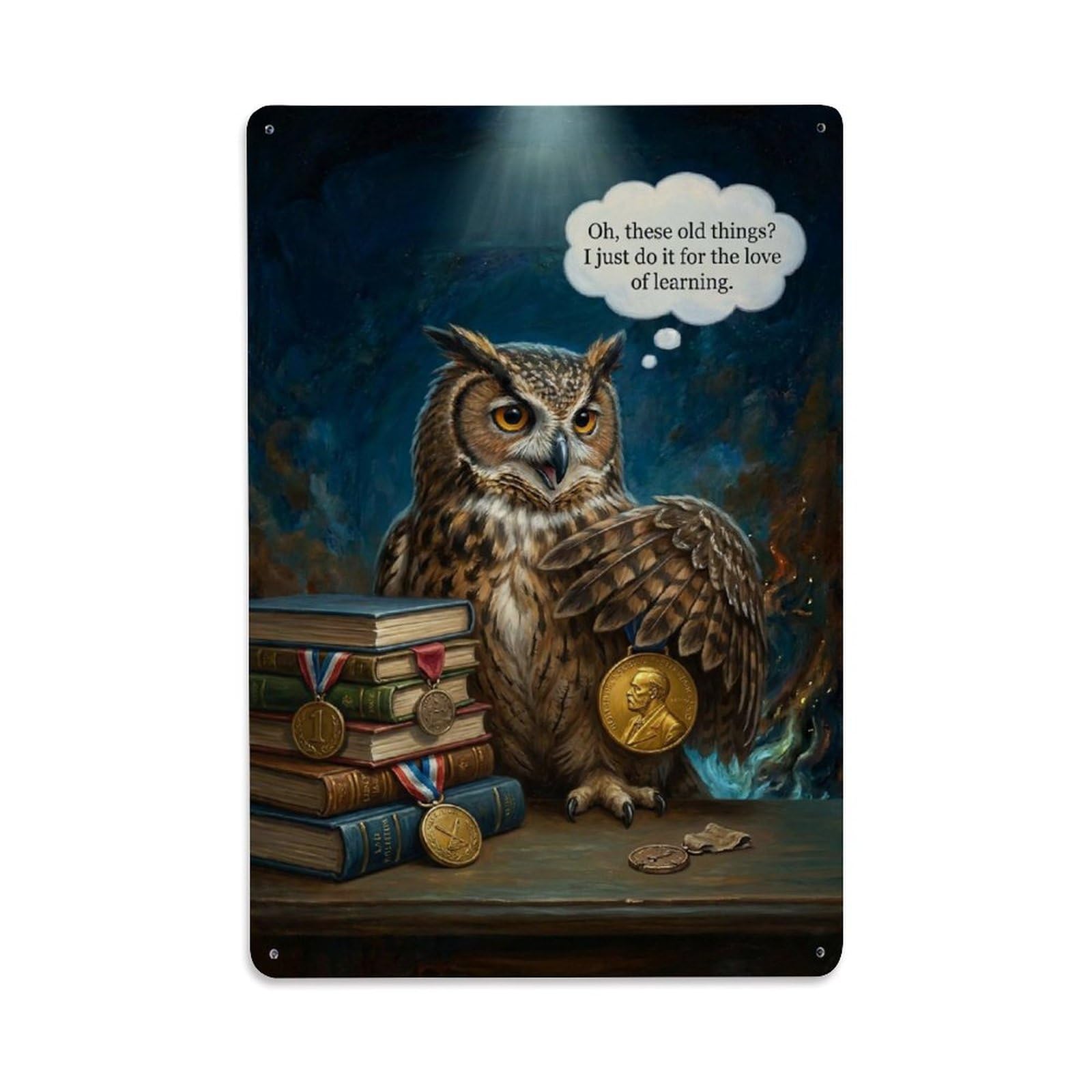 Owl Medal Surreal Vintage Animal Vanity Satire Storybook Fable Metal Tin Sign Plaque Wall Decor for Cafe, Man Cave, Club Bar, Office, Home Garden Round Metal Poster 8x12Inch
