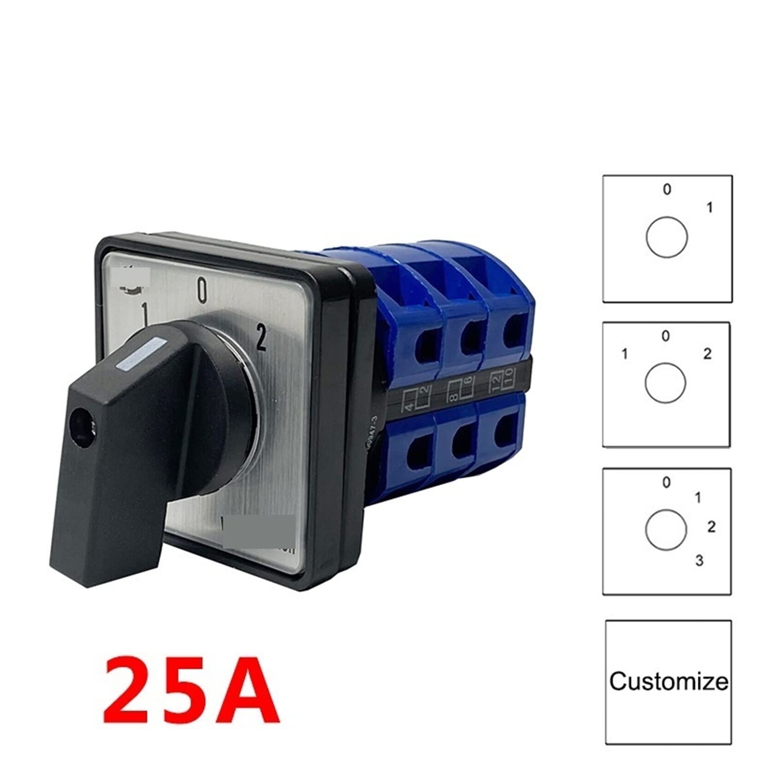 Commutatore rotativo 25A a tre posizioni 690V 3 poli 12 terminali selettore manuale contatto argento YMW26-25/3 1 pz (Color : 102)