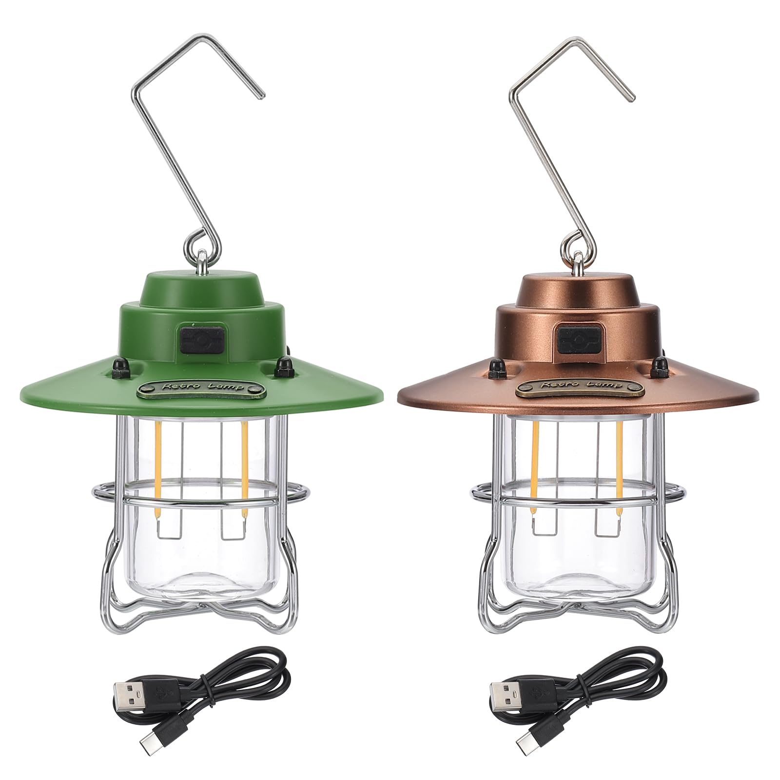 PATIKIL Linterna LED para camping, paquete de 2 faroles recargables vintage, 3 modos de luz, portátil, para colgar al aire libre, tienda de campaña para camping, senderismo, pesca, verde, cobre, 3.66