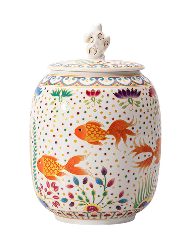 NHDVDVAV Decorative Enamel Ginger Jar,Chinese Ceramic Jars with Lid,Red Goldfish Pattern Jar for Table, Living Room, Bookshelf, Mantle Fireplace, Centerpieces