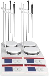 stonylab Multi Hotplate Magnetic Stirrer, 4 x 10L, 50-2000 RPM, LCD Display, RT+5~160°C, Die-Cast Aluminum Ceramic Coating, 135 mm Heating Plate with Sensor and Stand for Laboratory Experiments