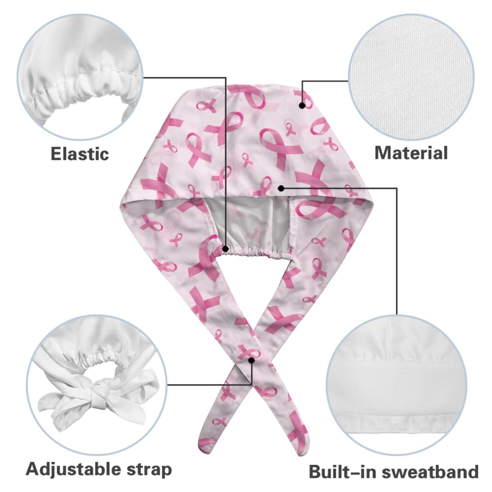 Breast Cancer Awareness damski zestaw szorowania różowa wstążka z czapką | Wygodny top i spodnie z szerokimi nogawkami ze sznurkiem do biura medycznego, odzież robocza, można prać w pralce