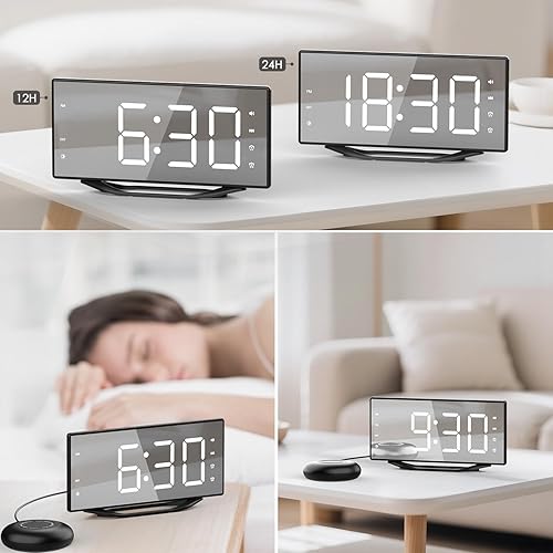 Miniatura 8 de Reloj despertador digital con pantalla grande para adultos y adolescentes que duermen pesadamente, relojes de espejo dorado de 8.7 pulgadas para