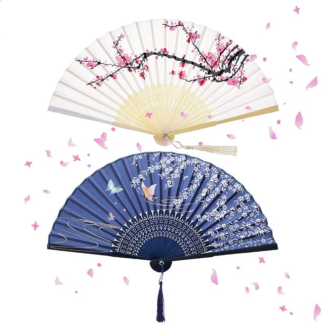 2 Pieces Folding Hand Fans for Women, Silk Fabric and Hollow Carved Bamboo Handheld Folding Fan, Chinese Style Hand Fan Folding with Tassels for Wall Decoration/Wedding and Gifts