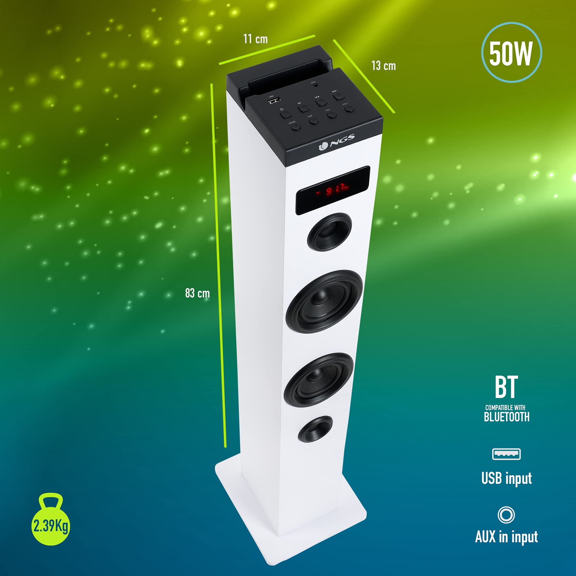NGS Speaker a Torre Sky Charm BT USB RadioFM AUX 50W Bianca