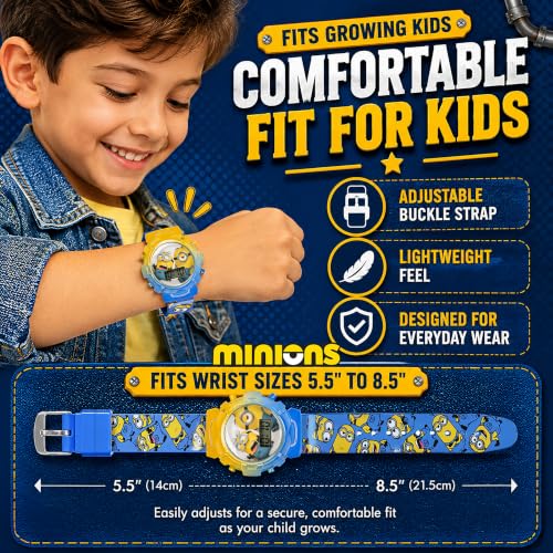Image of Minions Kids Watch - Flashing Dial Lights, LCD Display, Adjustable Comfortable Strap, Collectible Tin - Perfect for Boys and Girls