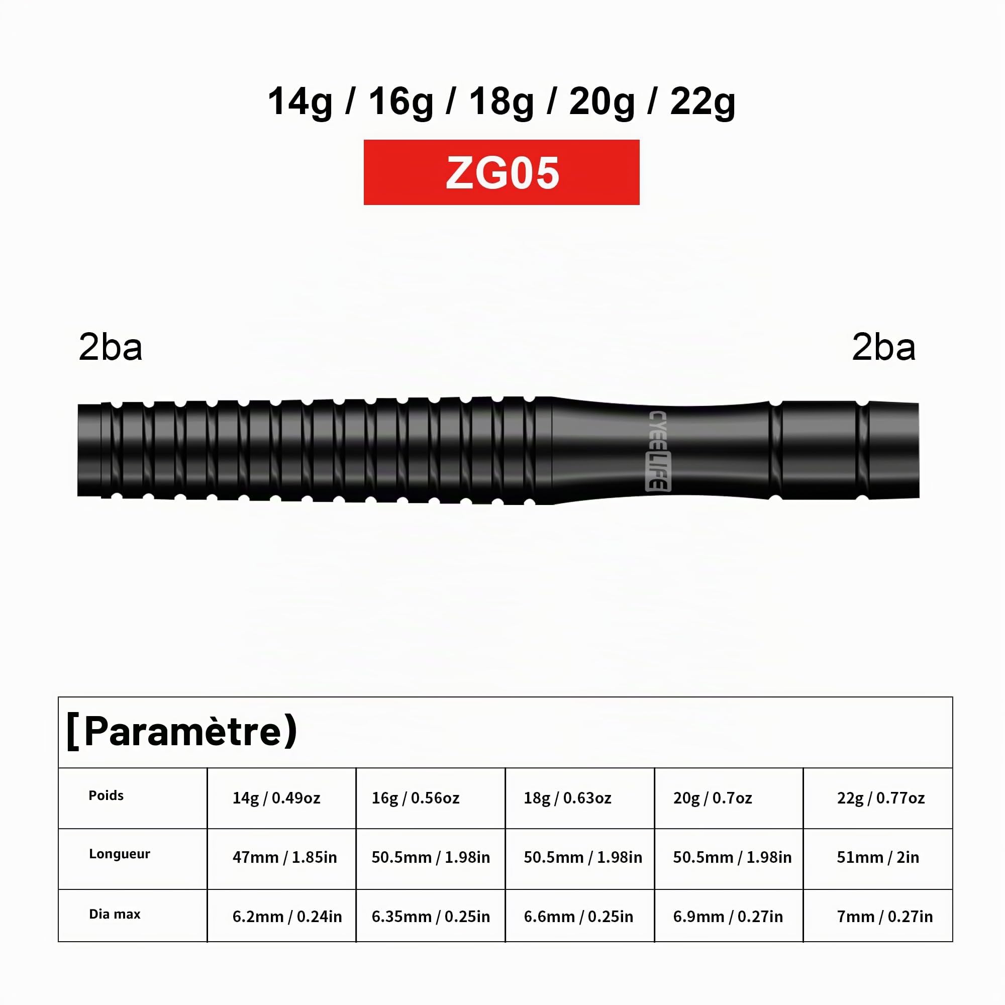 CyeeLife Barils de fléchettes Soft 90% tungstène, Forme incurvée Filetage 2BA Noir 14-22g