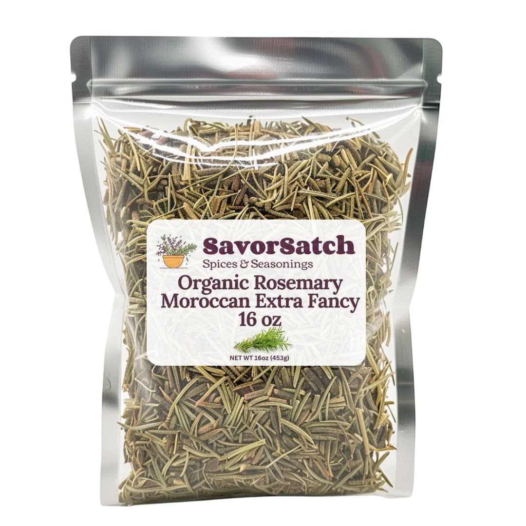 SavorSatch Rosemary Moroccan Extra Fancy - Resealable Pouch | USDA Certified Organic, Allergen-Free, Non-GMO, Kosher | Mediterranean Herb, Whole Leaf | Gluten-Free for Cooking, Tea - Bulk for Restaurants, Commercial Kitchens, Cooking Enthusiasts - 16 Ounce (Pack of 1)