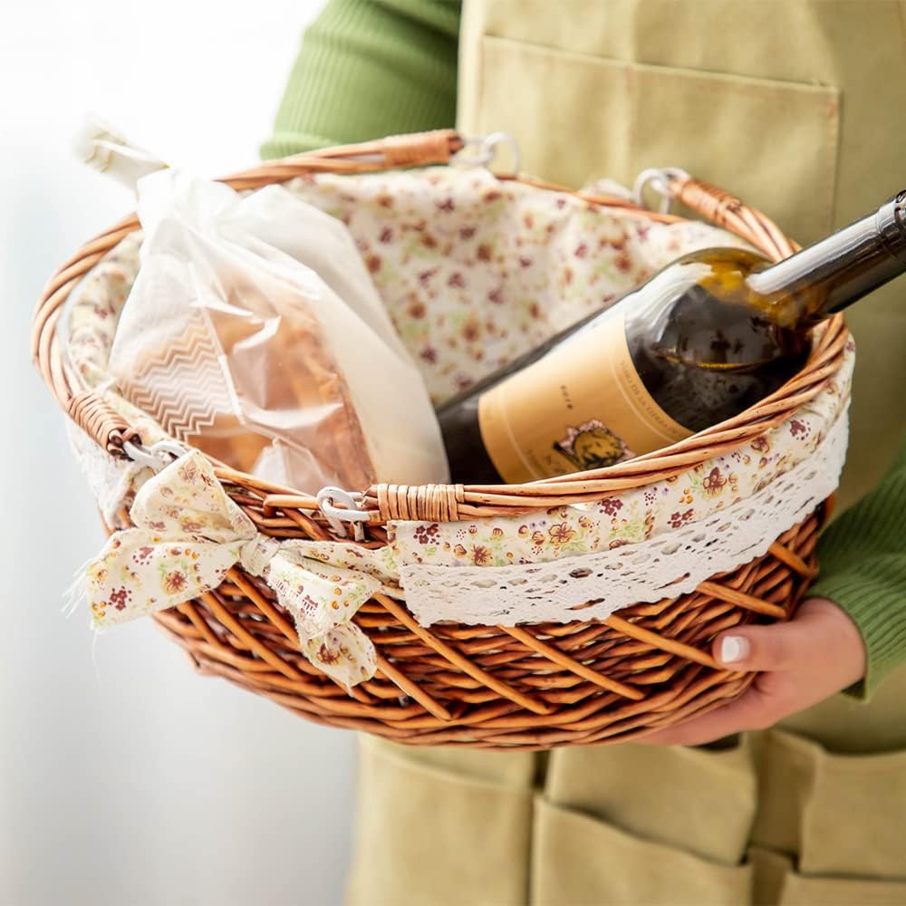 YRJJ Wicker Picnic Basket with Handles & Liner Oval Empty Gift Basket Willow Woven Easter Eggs & Candy Storage Basket Fruit Serving Basket Kids Blanket Toy Organizer, 1 - Image 4