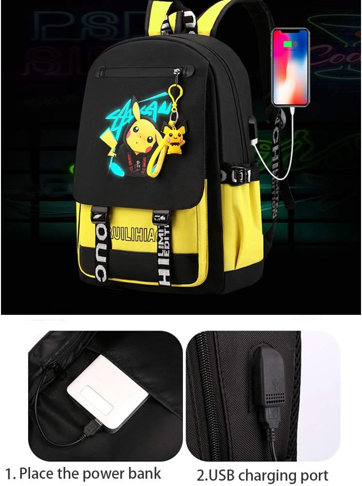 Free Shipping 🛒 Fashionable Computer School Backpack with USB Port,Travel Business Work Backpack Cartoon Luminous Pattern Pikachu (black) 🛒 Crazy Deals Fashionable Computer School Backpack with USB Port,Travel Business Work Backpack Cartoon Luminous Pattern Pikachu (black)