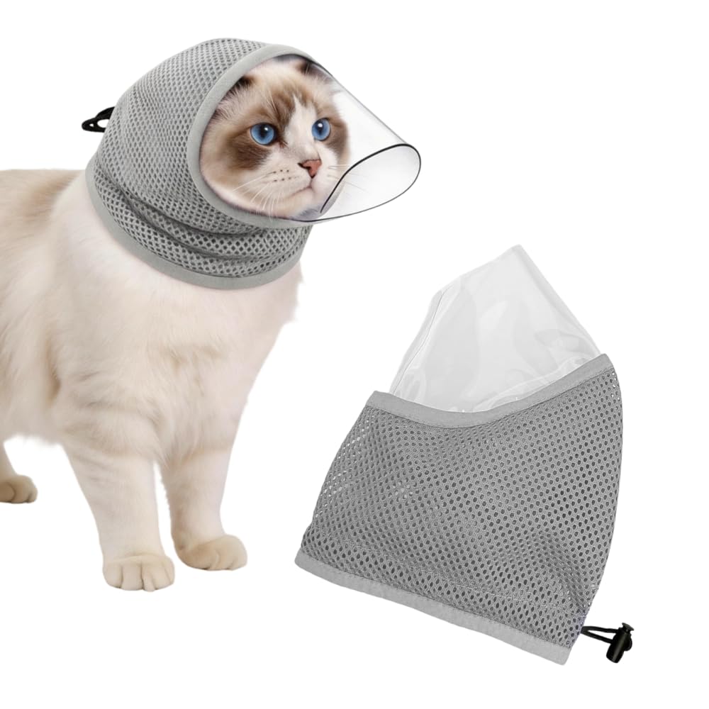 Cat Muzzle for Grooming, Breathable Mesh Face Cover with Transparent Bite Guard, Adjustable Anti Bite Anti Lick Head Protector for Nail Trimming Bathing Post Surgery