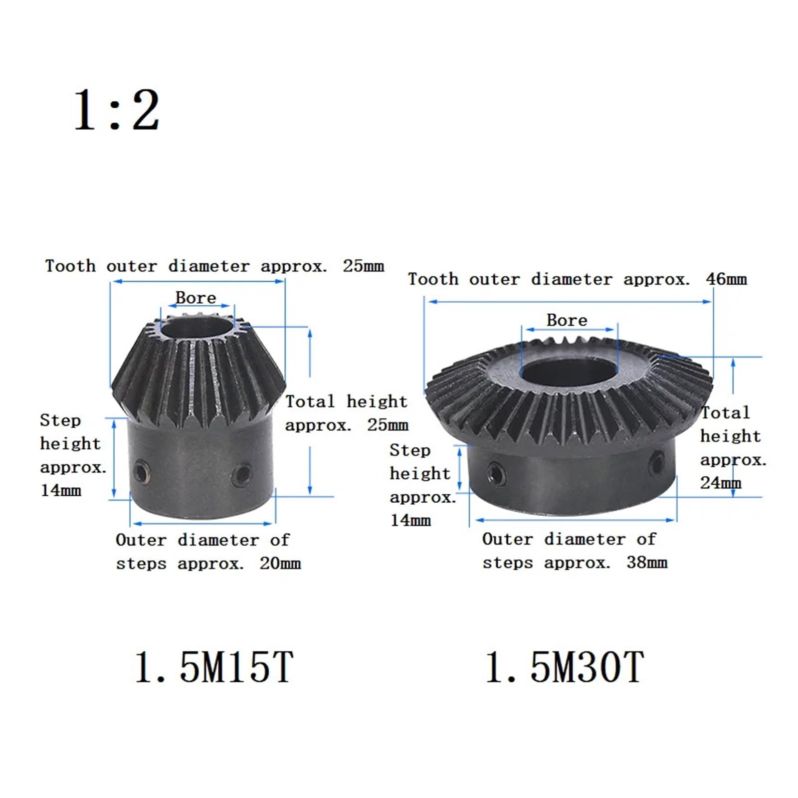 Bevel Gear Pinion Hardware Mechanical 1pcs Single 1.5 Module Bevel Gear 1:2 15/30Teeth 45# Steel Bore 8mm-15mm Mechanical Transmission Gear(15mm-30 Teeth)