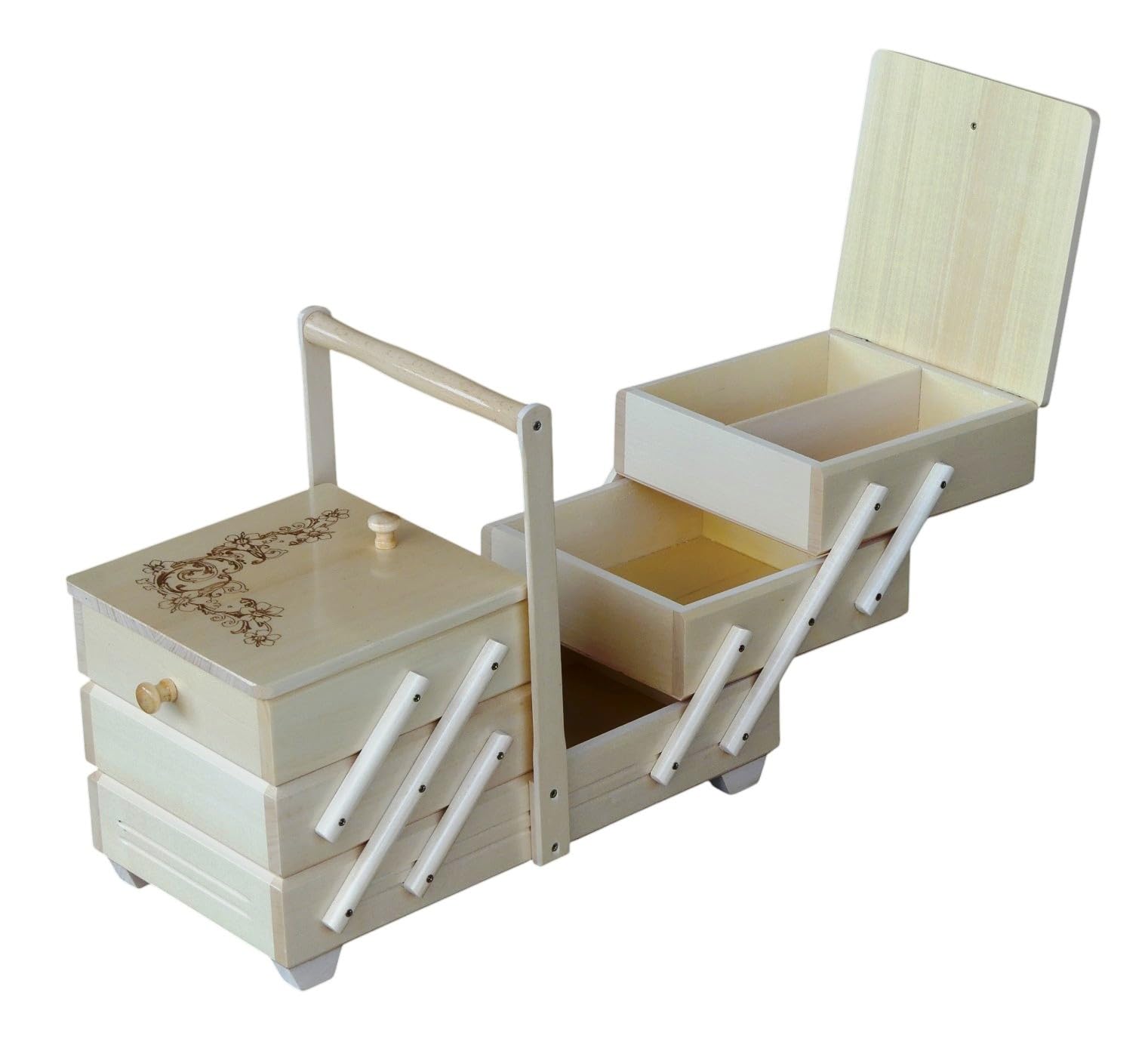 Grande Scatola da Cucito in Legno 32,5×40×22,5 cm - 7 Scomparti - Legno Naturale