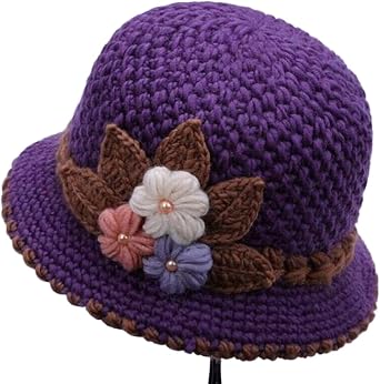 WEISIPU Women s Winter Warm Knit Cloche Hat with Crochet Flower Layer Windproof Womens Knitted Crochet Beanie Hat Floral Vintage Hat Breathable Knit Skullcap Ladies Winter Hats