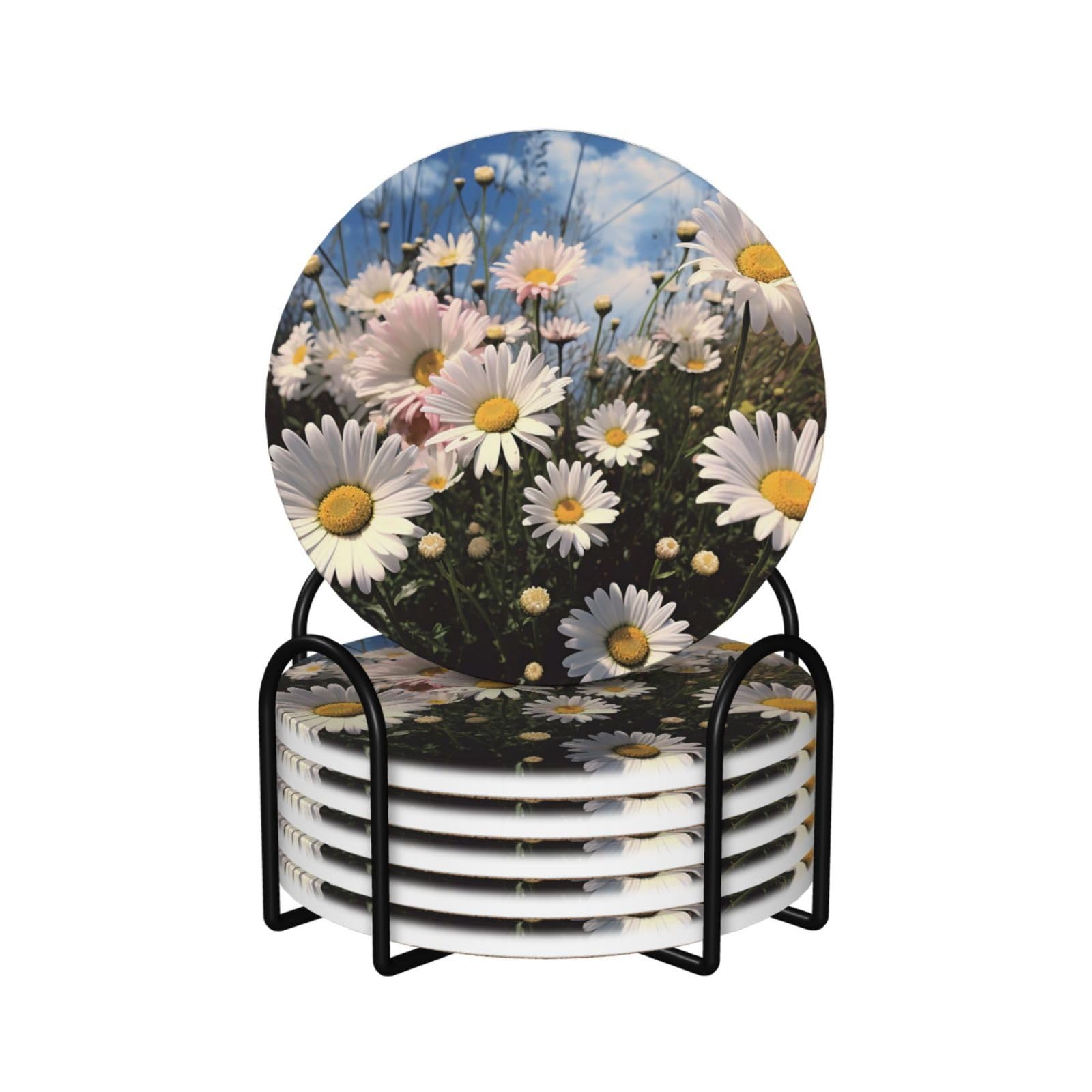 Dessous de verre en liège et céramique premium au design floral de 10,4 cm avec support
