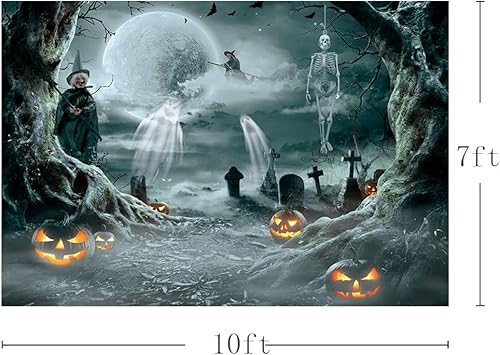 Miniatura 3 de MEHOFOND Telón de fondo de calabaza de Halloween de 10 x 7 pies para fotografía, bosque de terror, luna llena, noche de cementerio, fondo de
