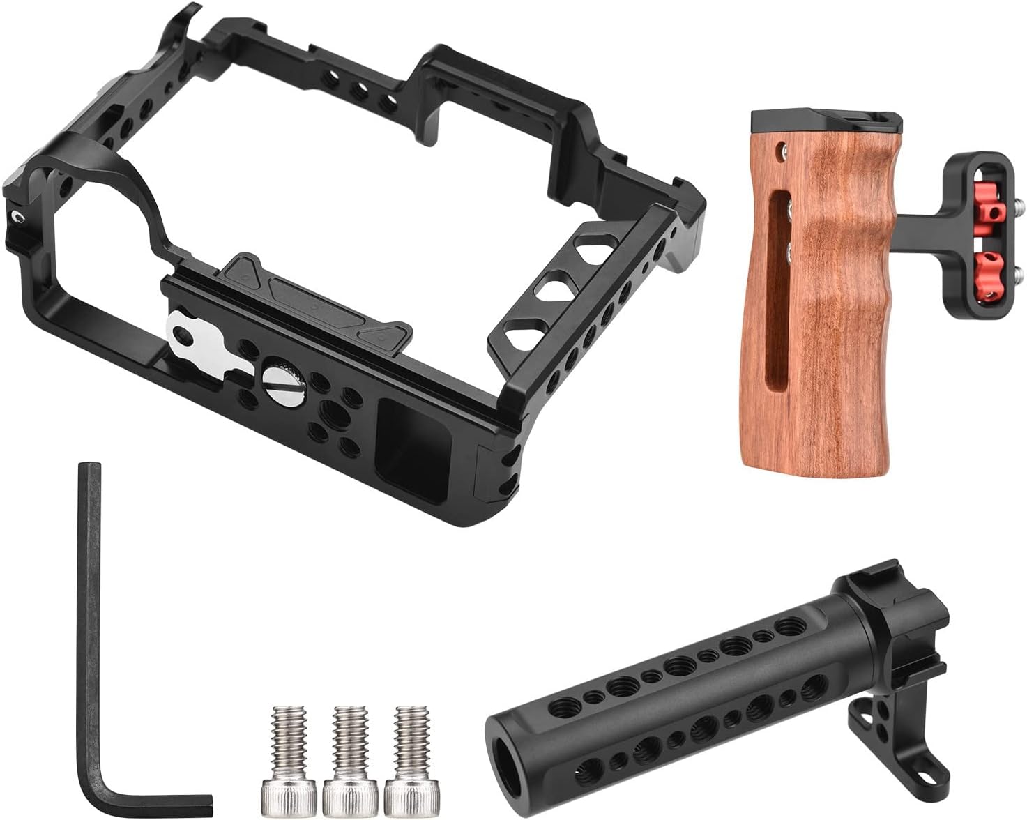All components of the camera cage kit laid out: camera cage, top handle, wooden side grip, wrench, and three screws.