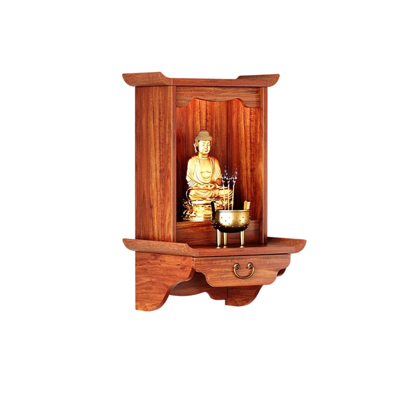 JNTFNE Wall-Mounted Buddhist Altar Shelf, Wood Buddha Cabinet, and God of Wealth Worship Table with Pull-Out Tray for Home Prayer(48cm/18.8in)