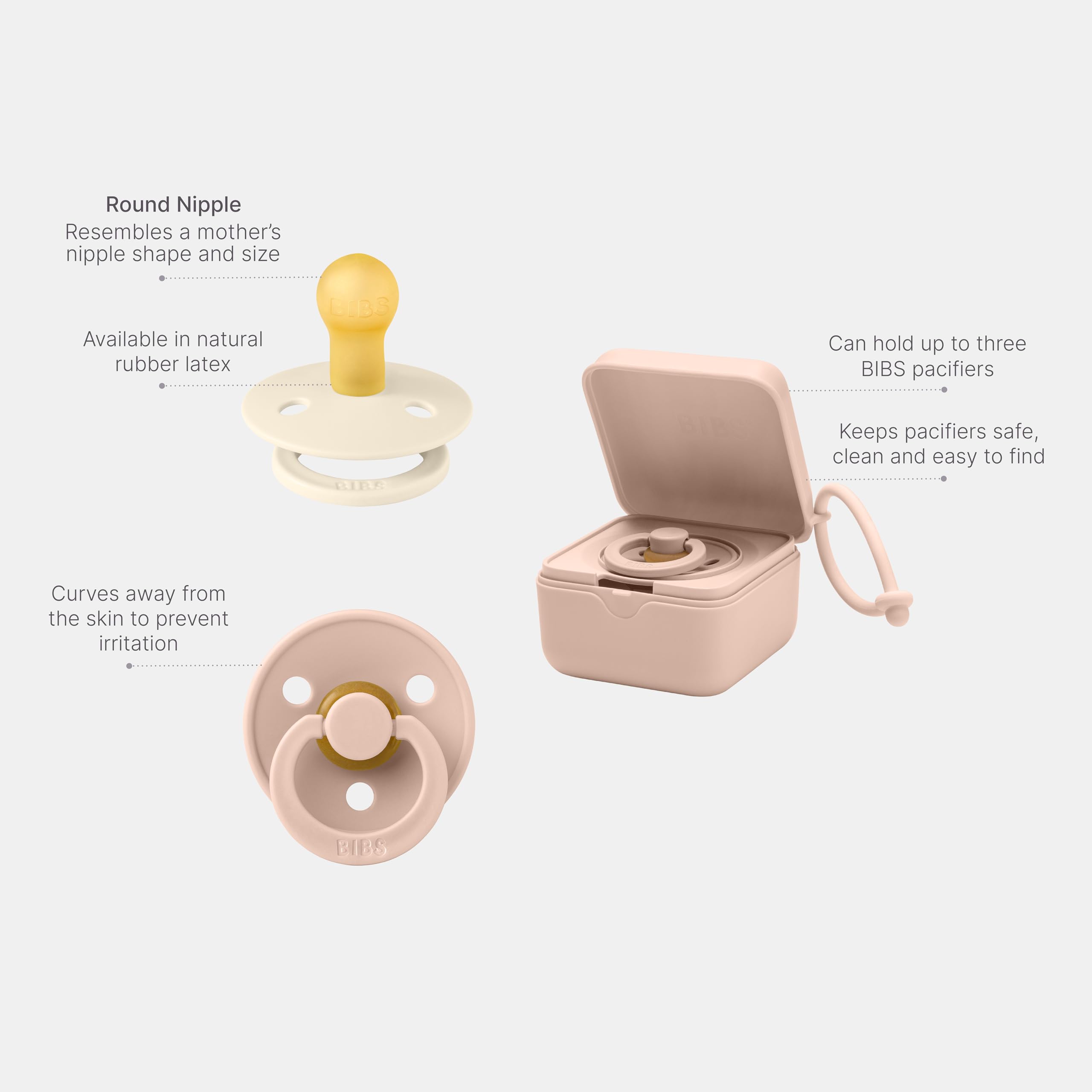 BIBS Schnullerbox Bundle - Bunte Schnuller, Runder Naturkautschuk-Sauger und Sterilisierbox - Komplettes Set für Glückliche Babys, Größe 1 (0-6 Monate), Blush