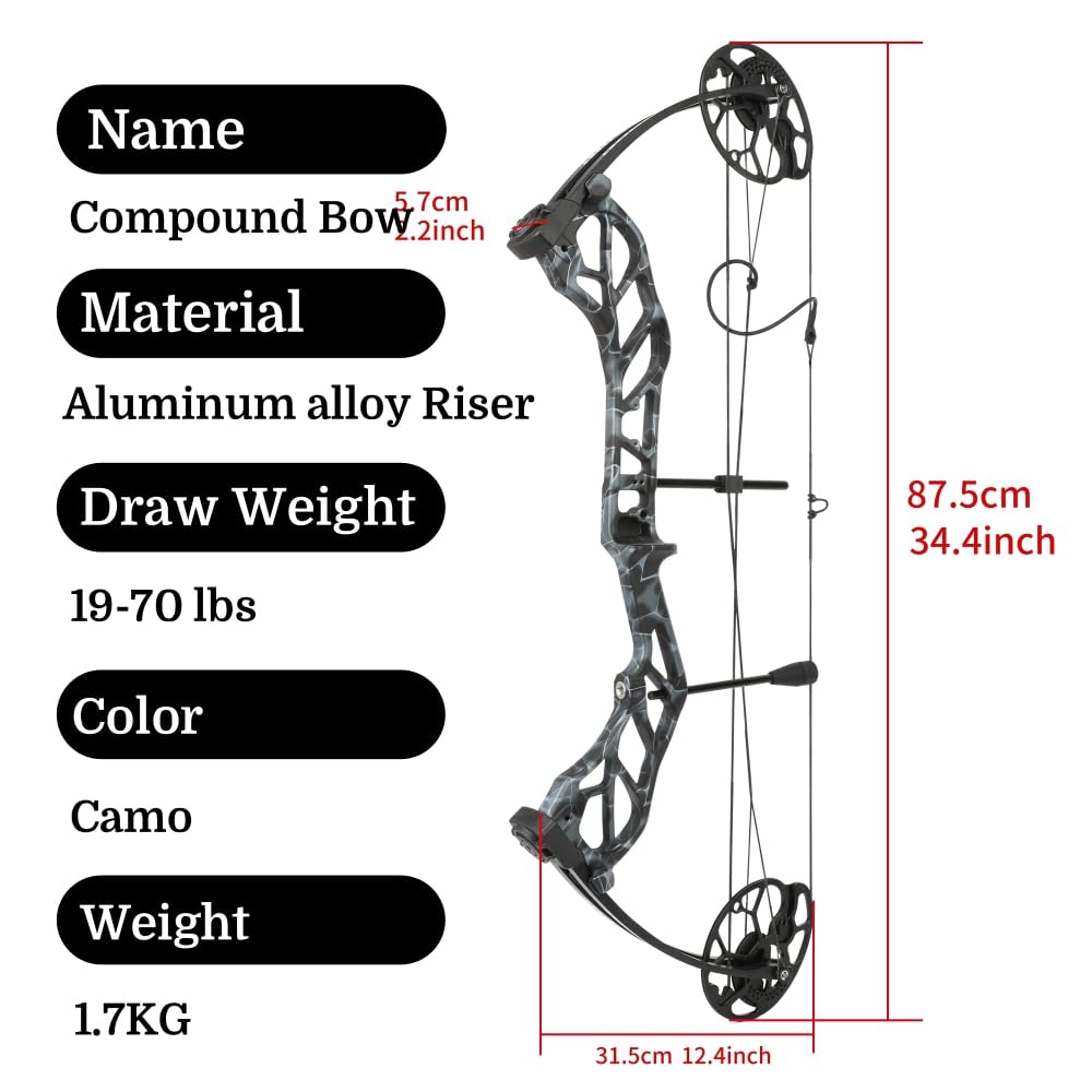 Set di frecce per arco compound da 19-70 libbre - Tiro con l'arco - Velocità freccia 320 fps - Riser in lega di alluminio CNC - Doppia camma - Arco per adulti destrimani - Tiro