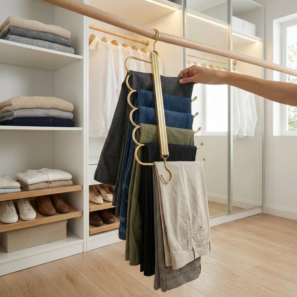 Urban London 6-Tier Foldable Clothes Hanger with Non-Slip Hooks Space-Saving Pants Organizer for Closet Wardrobe Bathroom Kitchen Storage (gold)