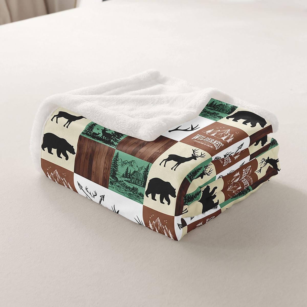 Rustic Cabin Sherpa Blanket, Bear Deer Throw Blanket Twin Size For Kids Teens Adult, Hunting Farmhouse Cabin Fleece Blanket Vintage Lodge Plaid Patchwork Flannel Blanket For Sofa Couch, Brown Green