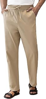 Mens Linen Pants Drawstring Casual Pants Lightweight Stretch Beach Pants Baggy Dress Trousers - Buy now