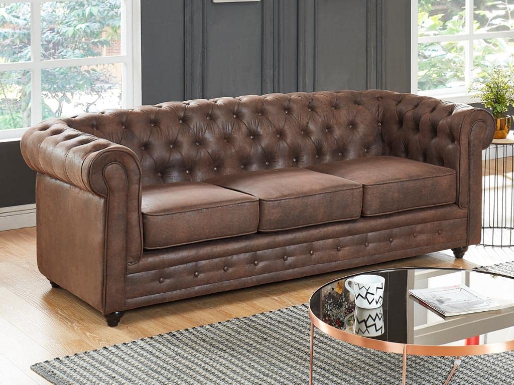 Vente-unique Canapé 3 et 2 Places Chesterfield en Microfibre Aspect Cuir Vieilli