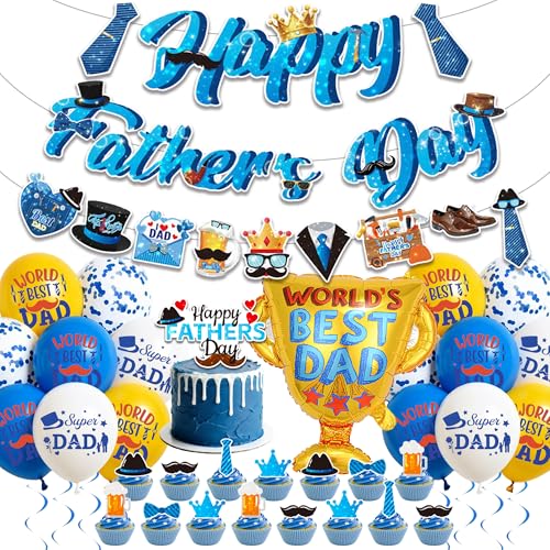 Flerramao Fathers Day Decorations Set Happy Fathers Day Banner with Garland Worlds Best Dad Trophy Foil Balloon Cake Toppers Ideas Photo Decor for Dads Day Party Home Bar Outdoor Decor