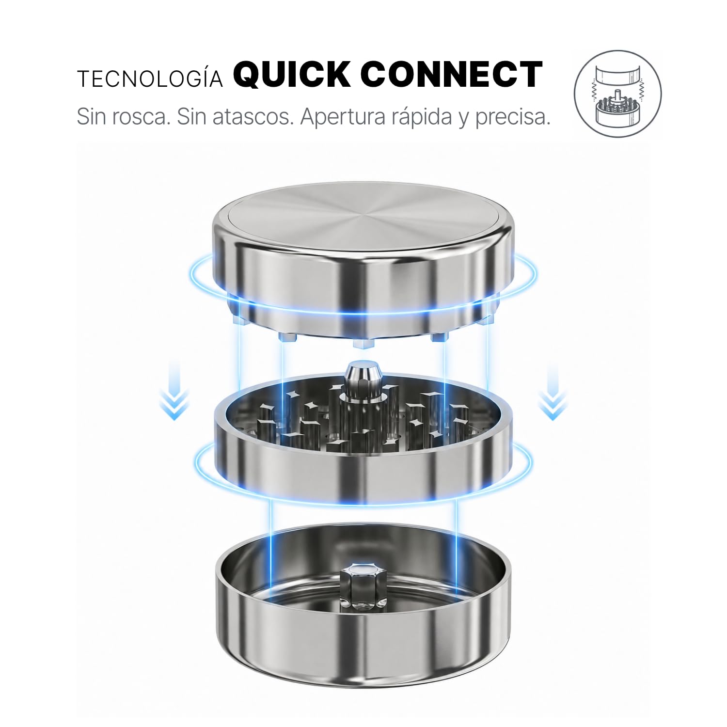 NOX Grinder aus Edelstahl, Präzisionslager 608Z, Quick Connect-System, 62 mm, 3 Teile, 490 g, Mühle für getrocknete Kräuter und Gewürze