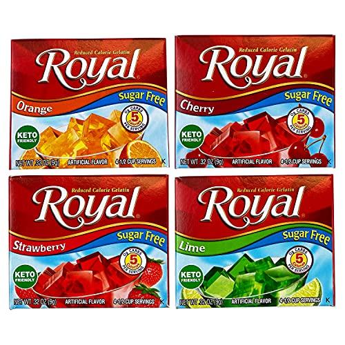 Royal Gelatin Sugar Free Variety Pack of 12 | 3 Box Each - Strawberry, Lime, Orange and Cherry | Make Low Carb Fat Free Gelatin Desserts | Keto Food or Snacks | Bundled with tribello Jello Shot Recipe Card