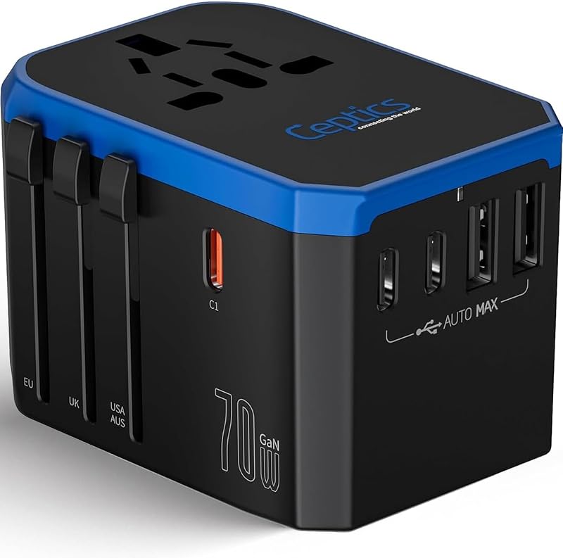 Adaptador de viaje universal Ceptics GAN de 70 W, 2 USB-A, 3 USB-C, entrada universal | Enchufes tipo A, C, G e I para EE. UU., UE, Reino Unido, Australia y más, adaptador de corriente internacional, PD 70W USB-C, adaptador de viaje mundial 6 en 1