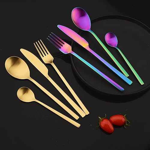 Miniatura 6 de JASHII Juego de cubiertos cepillados, 24 piezas de acero inoxidable, servicio para 6, cucharas de tenedor de cuchillo mate con mango plano cuadrado,