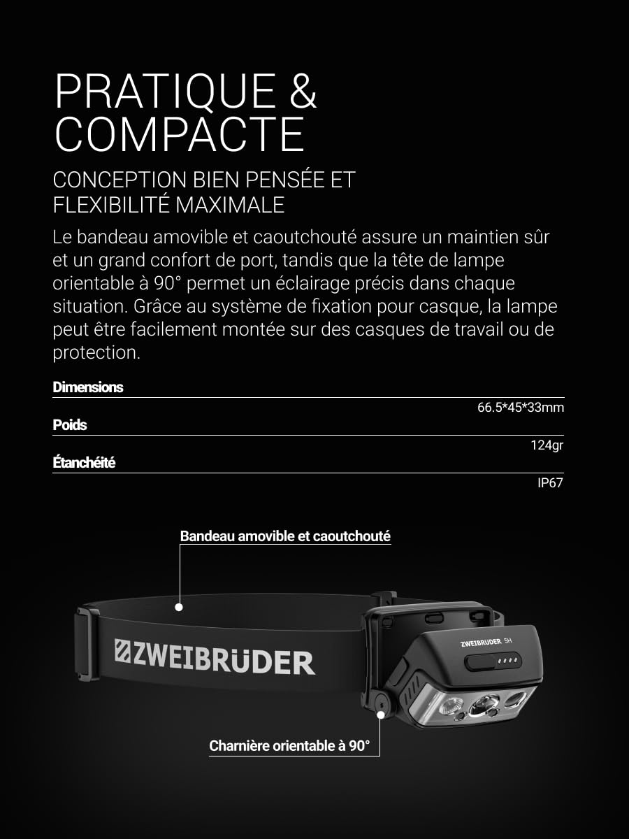 Zweibrüder ZB5H Lampe Frontale LED 1000 lm, Auto Focus (AFT) | Lampe Frontale Rechargeable, Lumière Rouge, DualPower, Légère et Inclinable, Idéale pour Sport, Outdoor et Camping
