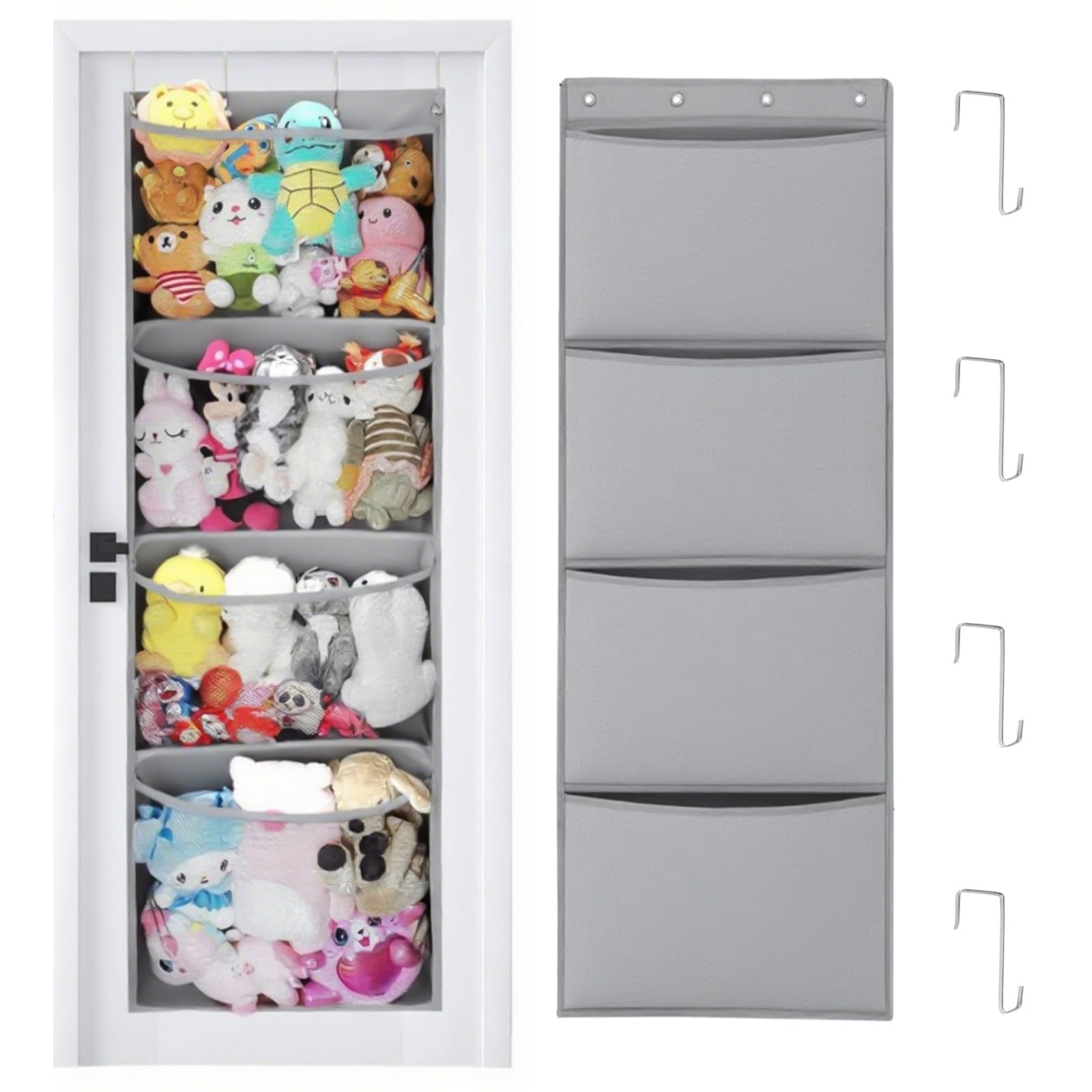 Sayudar Over Door Toy Storage - Stuffed Animal Organiser with 4 Pockets 4 Metal Hooks, Breathable Hanging Organisers Plush Net for Wardrobe, Nursery, Bedroom, Bathroom, Stuffed Animal Toy (Grey)