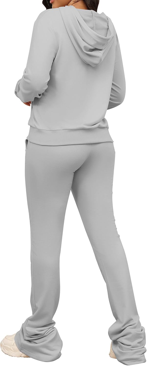 Women's Sweatsuits Sets 2 Piece Outfits Drawstring Hoodies Stacked Jogger Sweatpants Tracksuits Casual Set - Image 3