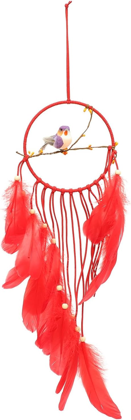 Beavorty Hand-Woven Red Lovebird Dream Catcher Wall Hanging Tassel Pendant Boho Macrame Room Decor for Bedroom and Living Room