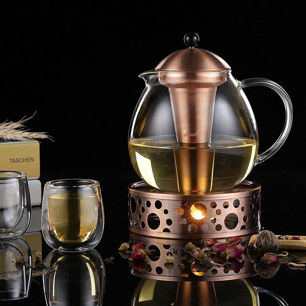 glastal Dzbanek do herbaty 1500 ml w kolorze brązowym, z piecykiem na podgrzewacze, szkło i stal szlachetna, do zaparzania herbaty