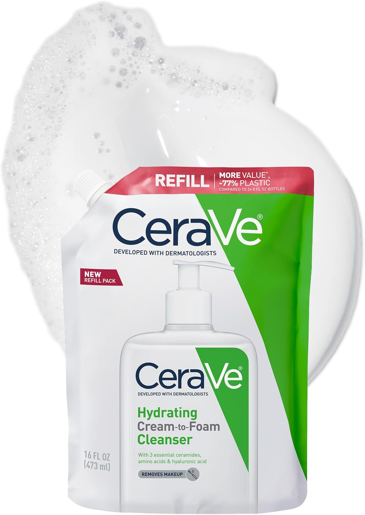 CeraVe Hydrating Cream To Foam Cleanser, Makeup Remover Face Wash For Dry Skin, Foaming Facial Cleanser With Hyaluronic Acid, Normal To Dry Skin, Fragrance Free & Non Comedogenic, 16 Ounce Refill