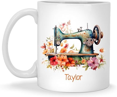 Máquina de coser vintage personalizada con tazas de flores, Tazas con nombre personalizado, Tazas de cerámica blanca, Tazas de viaje de café, Regalo