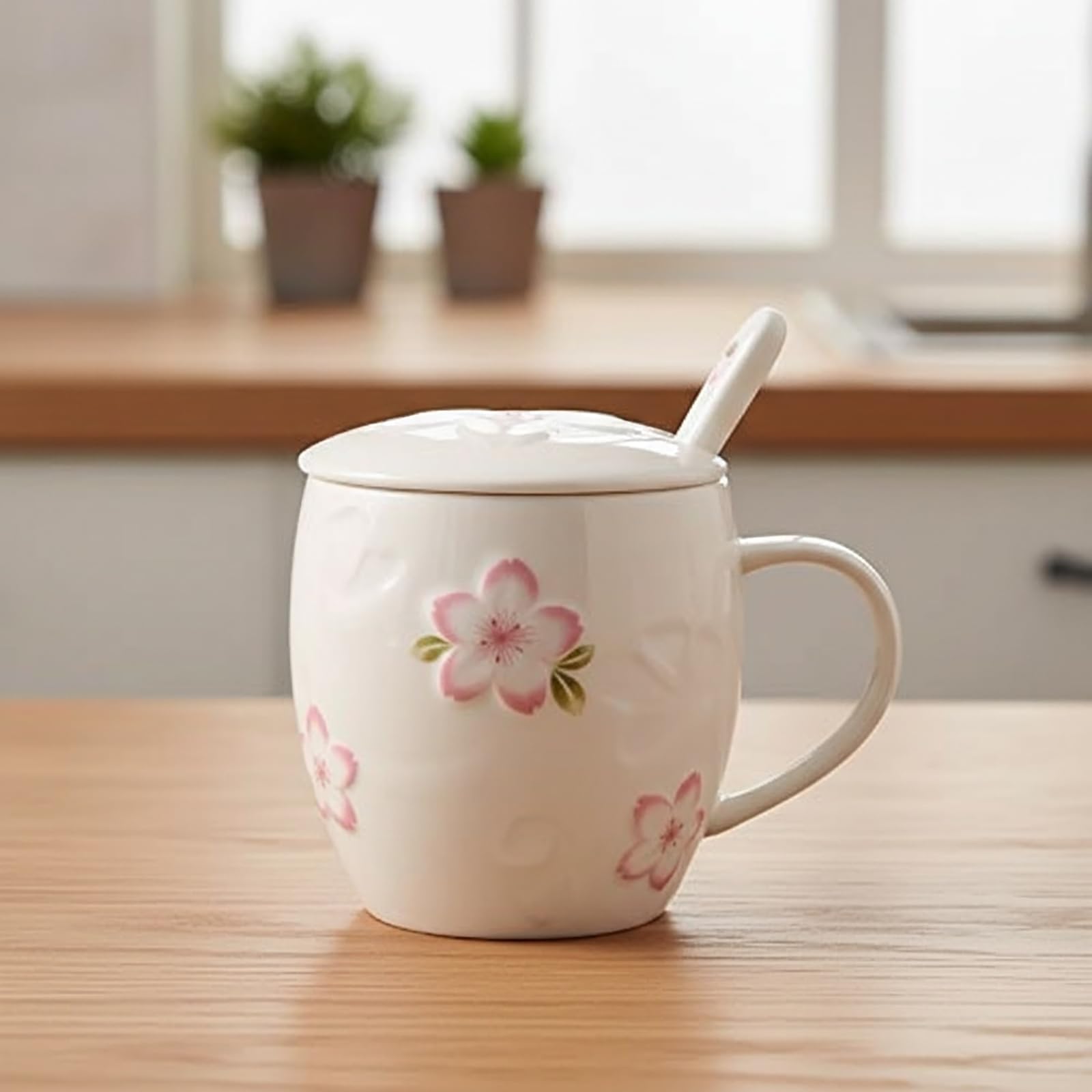 Ceramiczny kubek do kawy i herbaty, łyżka, pokrywka, ręcznie wykonany wzór kwiatu wiśni, kubek dla kobiet, dziewcząt, żony, mamy, babci, 370 ml (biały)