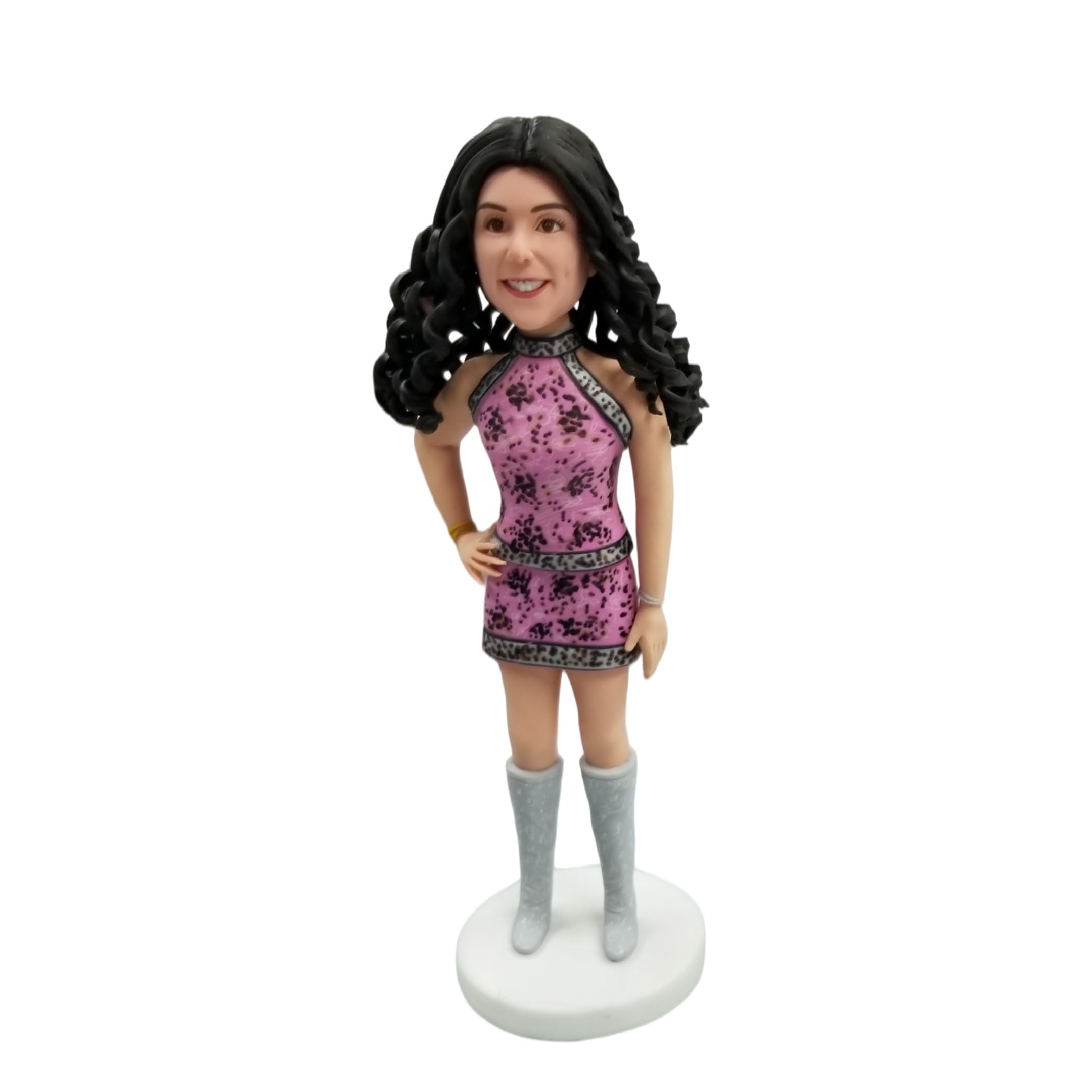 Individuelle Wackelkopf, 3D-Figur aus Foto, Wackelköpfe für Frauen mit lockigem Haar in rosa Kleid, personalisierte handgefertigte Statue, Geschenk für Party, Andenken und