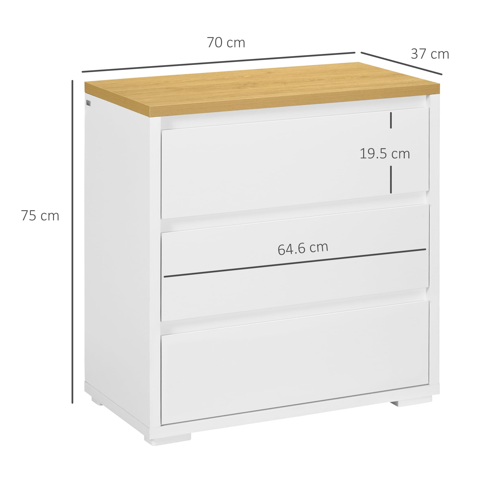 HOMCOM Cassettiera a 3 Cassetti in Truciolato Bianco per Camera da Letto, Studio e Soggiorno, 70x37x75cm