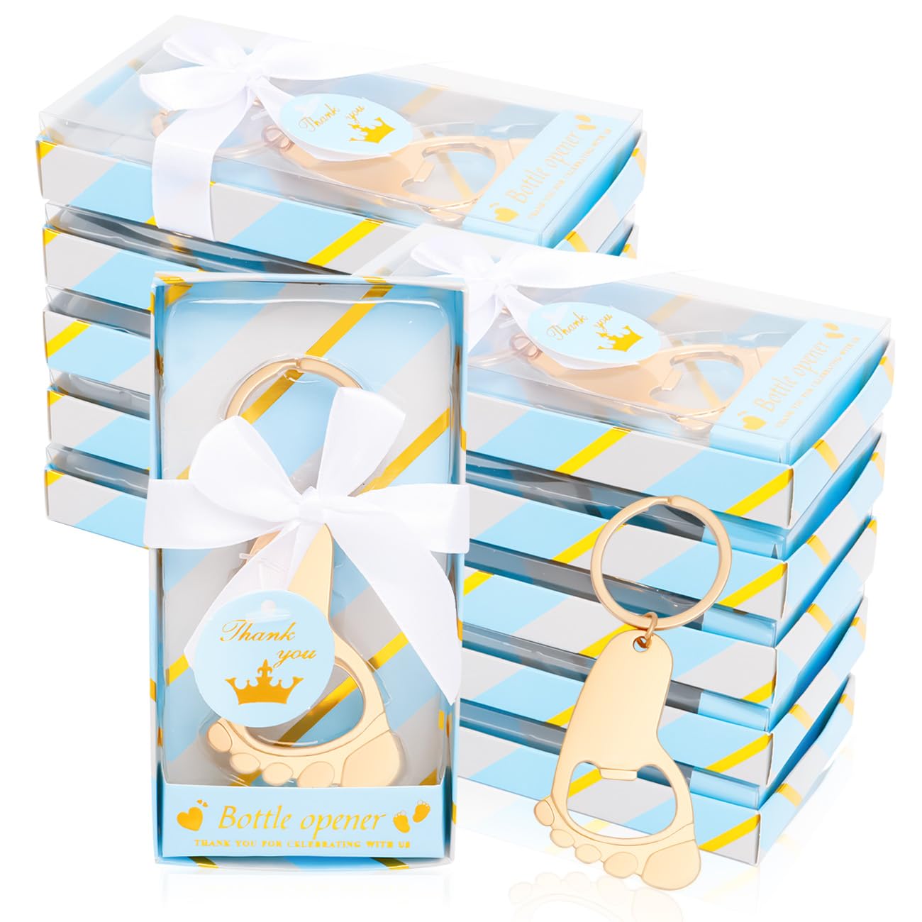 50Pcs Baby Boy Foot Keychain Footprint Bottle Openers Footprint Keychain Bottle Opener Small Foot Bottle Opener Keychain Baby Shower Return Gift for Party Favors with Blue Boxes