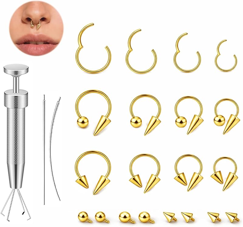 davka Kit com 9 argolas para septo em aço inoxidável 316L e ferramenta de preensão